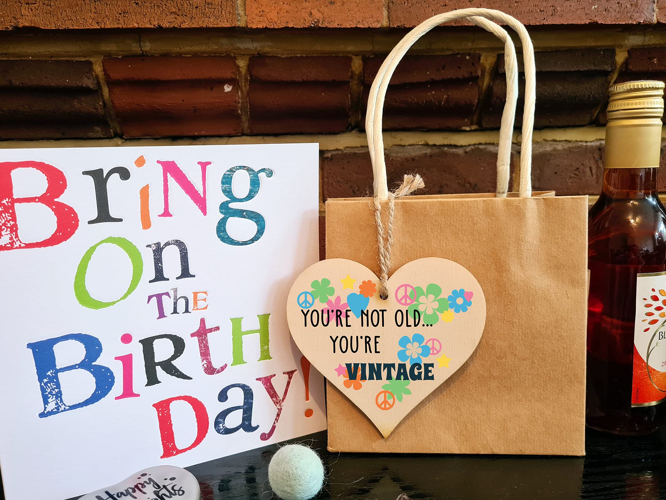 The Plum Penguin Handmade Wooden Hanging Heart Plaque Gift Not Old Vintage 60sFunny Birthday Card Alternative Wall Hanger Bottle Decoration