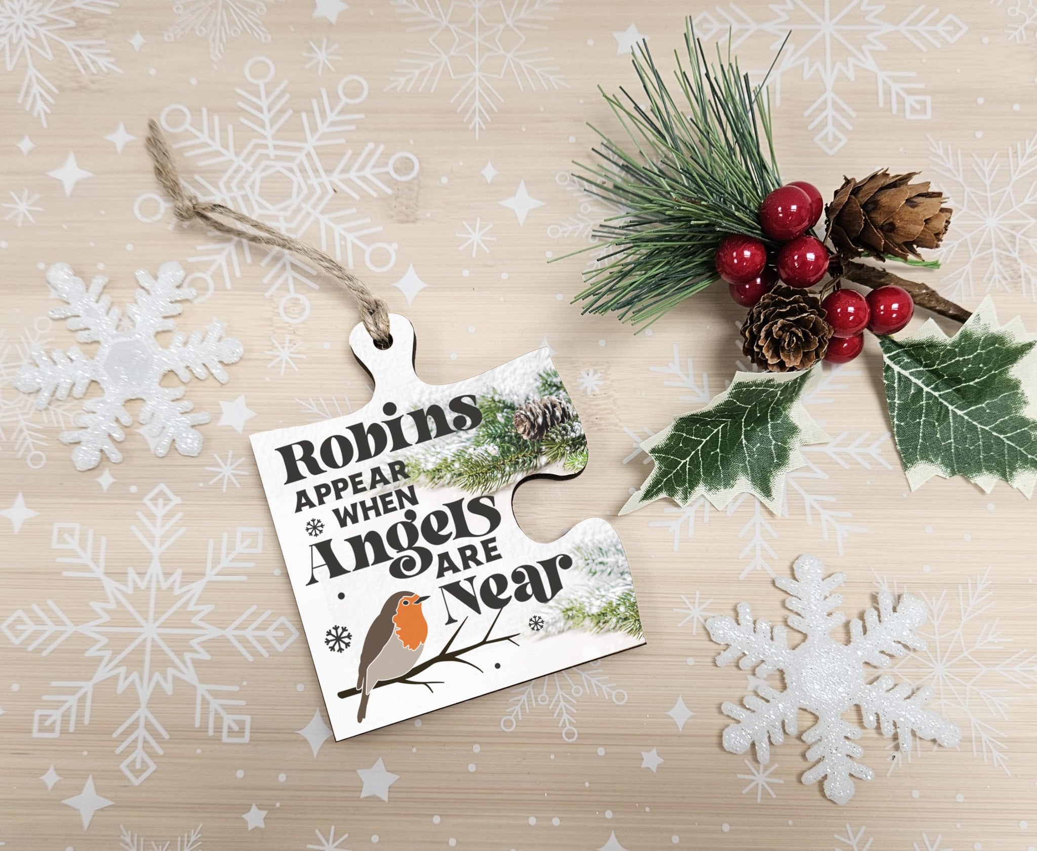 The Plum Penguin Christmas Hanging Jigsaw Puzzle Piece Gift Tag Robins Appear Angels Rememberance Bauble Ornament