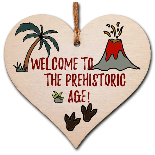 The Plum Penguin Handmade Wooden Hanging Heart Plaque Gift Welcome Prehistoric Age Funny Birthday Card Alternative Old Over Forty Wall Hanger