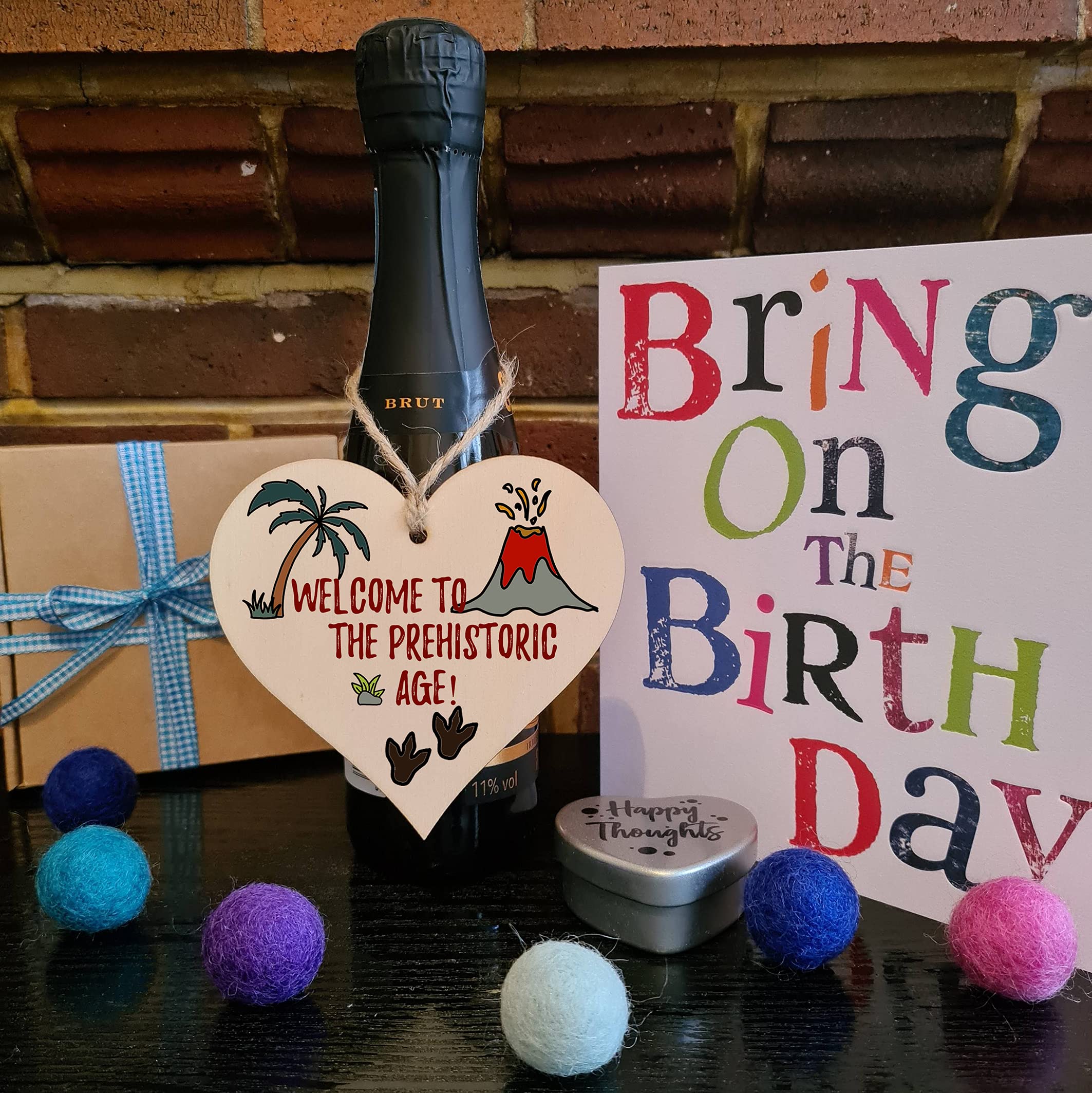 The Plum Penguin Handmade Wooden Hanging Heart Plaque Gift Welcome Prehistoric Age Funny Birthday Card Alternative Old Over Forty Wall Hanger