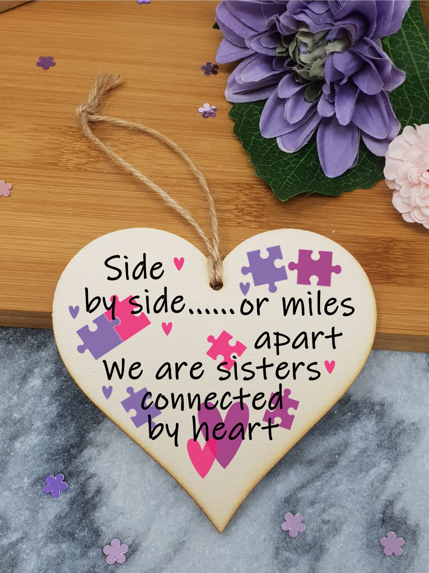Handmade Wooden Hanging Heart Plaque Gift Perfect for Sisters Lovely Friendship Keepsake