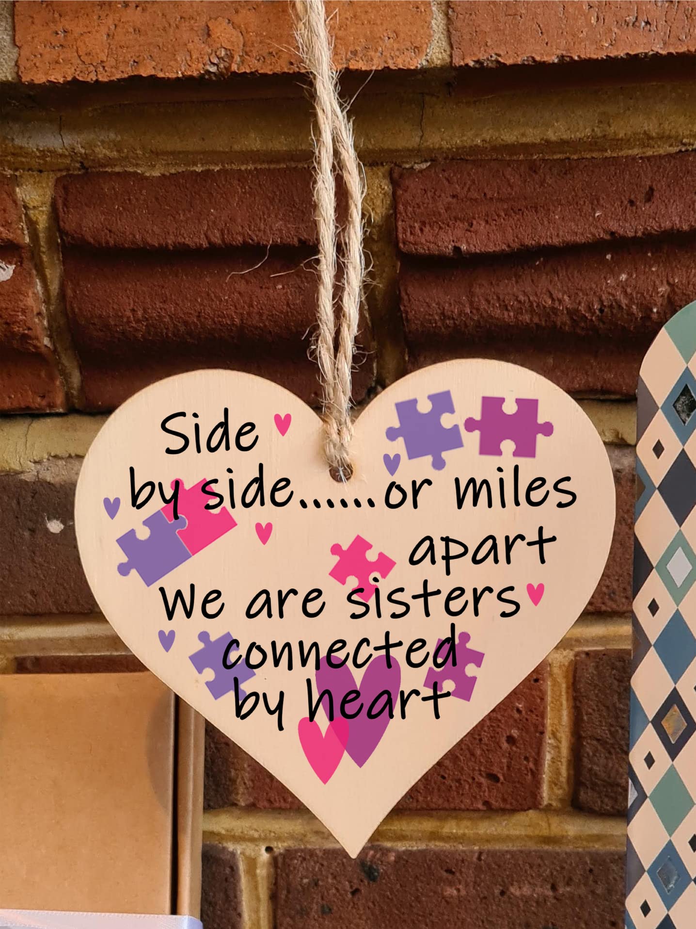 Handmade Wooden Hanging Heart Plaque Gift Perfect for Sisters Lovely Friendship Keepsake