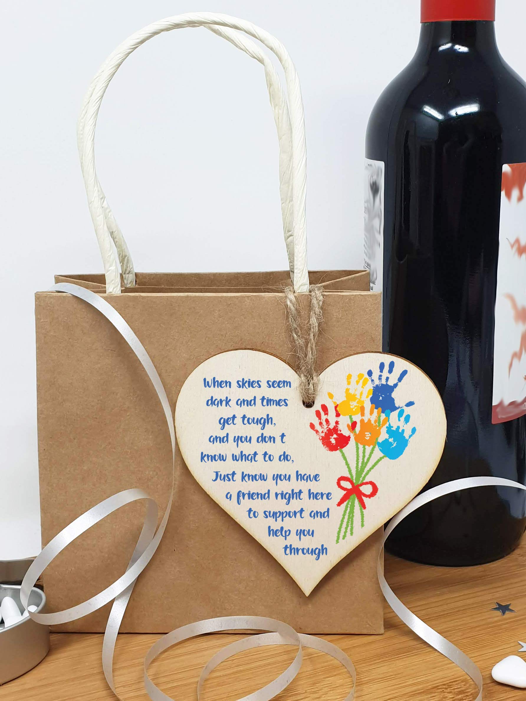 Handmade Wooden Hanging Heart Plaque Gift When skies seem dark you have a friend Sweet Thoughtful Sending well wishes difficult times absent friends colourful design