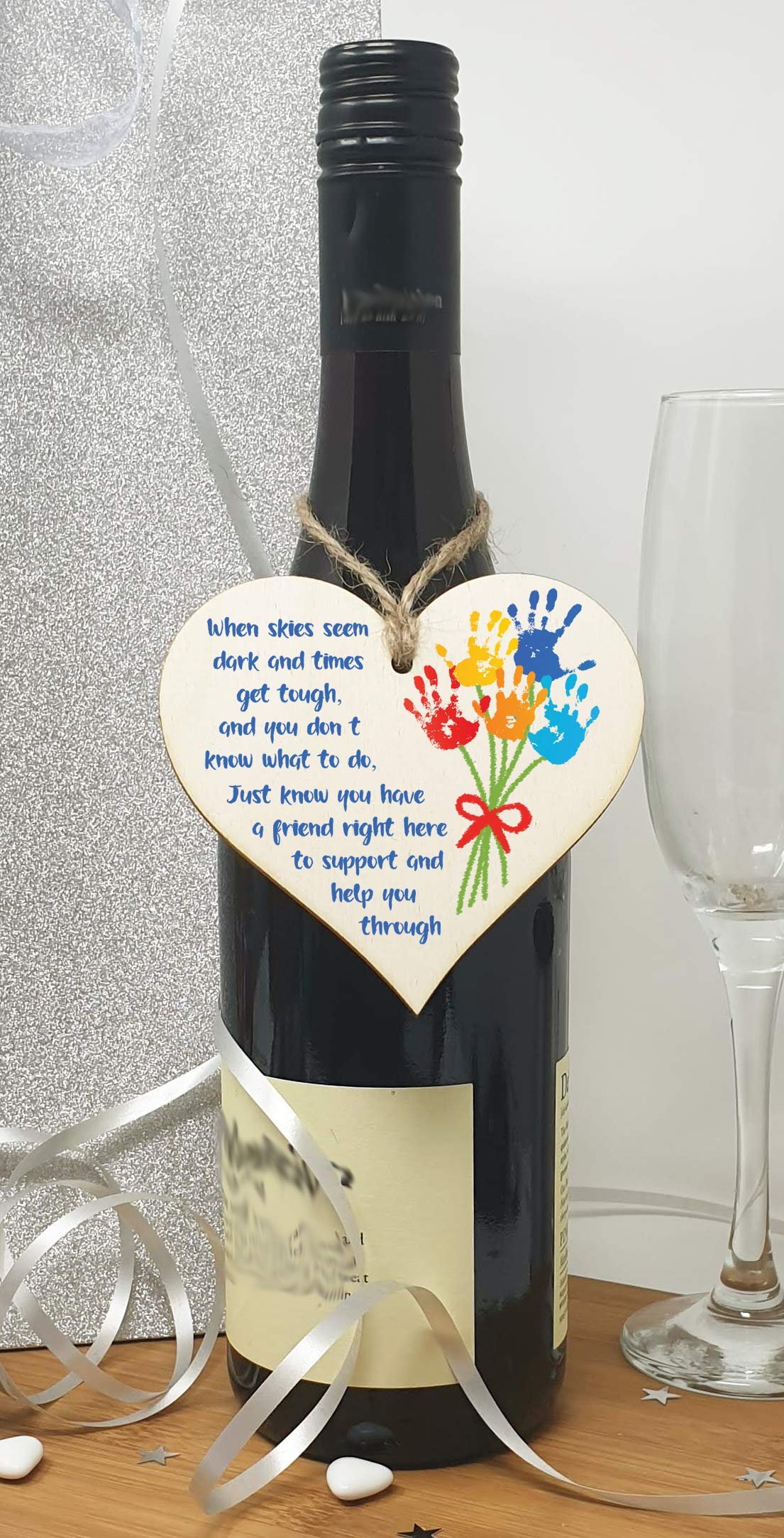 Handmade Wooden Hanging Heart Plaque Gift When skies seem dark you have a friend Sweet Thoughtful Sending well wishes difficult times absent friends colourful design