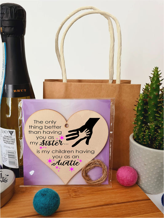 Handmade Wooden Hanging Heart Plaque Gift for Sister Auntie Loving Thoughtful Thank You Keepsake