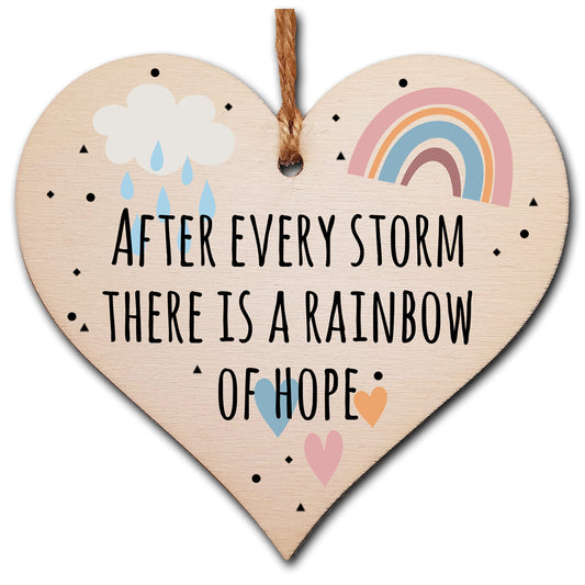 The Plum Penguin Handmade Wooden Hanging Heart Plaque Gift Storm Rainbow of Hope Inspirational Wall Hanger Card Alternative Friendship Family