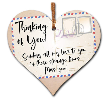 The Plum Penguin Handmade Wooden Hanging Heart Plaque Gift Thinking of you sending all my love sending well wishes to absent friends miss you keepsake long distance friendship postcard style
