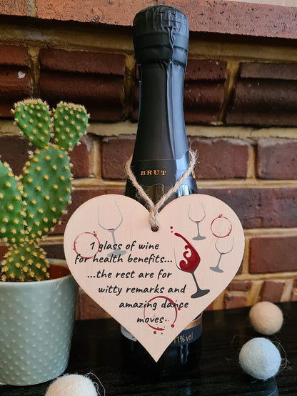 The Plum Penguin Handmade Wooden Hanging Heart Plaque Gift Wine Glass Dance Moves Funny Novelty Card Alternative Wall Hanger Bottle Decoration