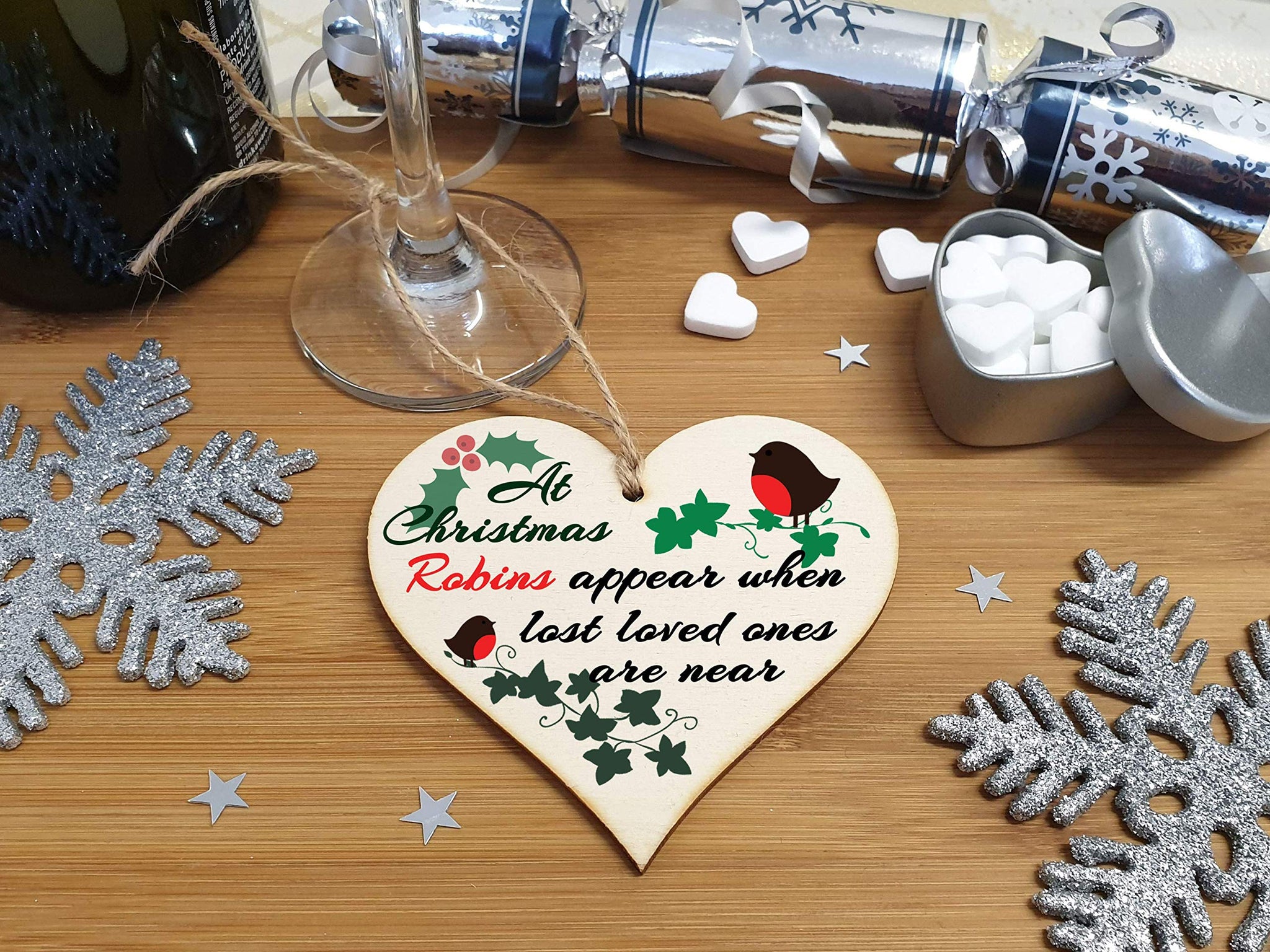 The Plum Penguin Handmade Wooden Christmas Hanging Heart Plaque Gift Robins appear when loved ones are near sentimental gift of rememberance