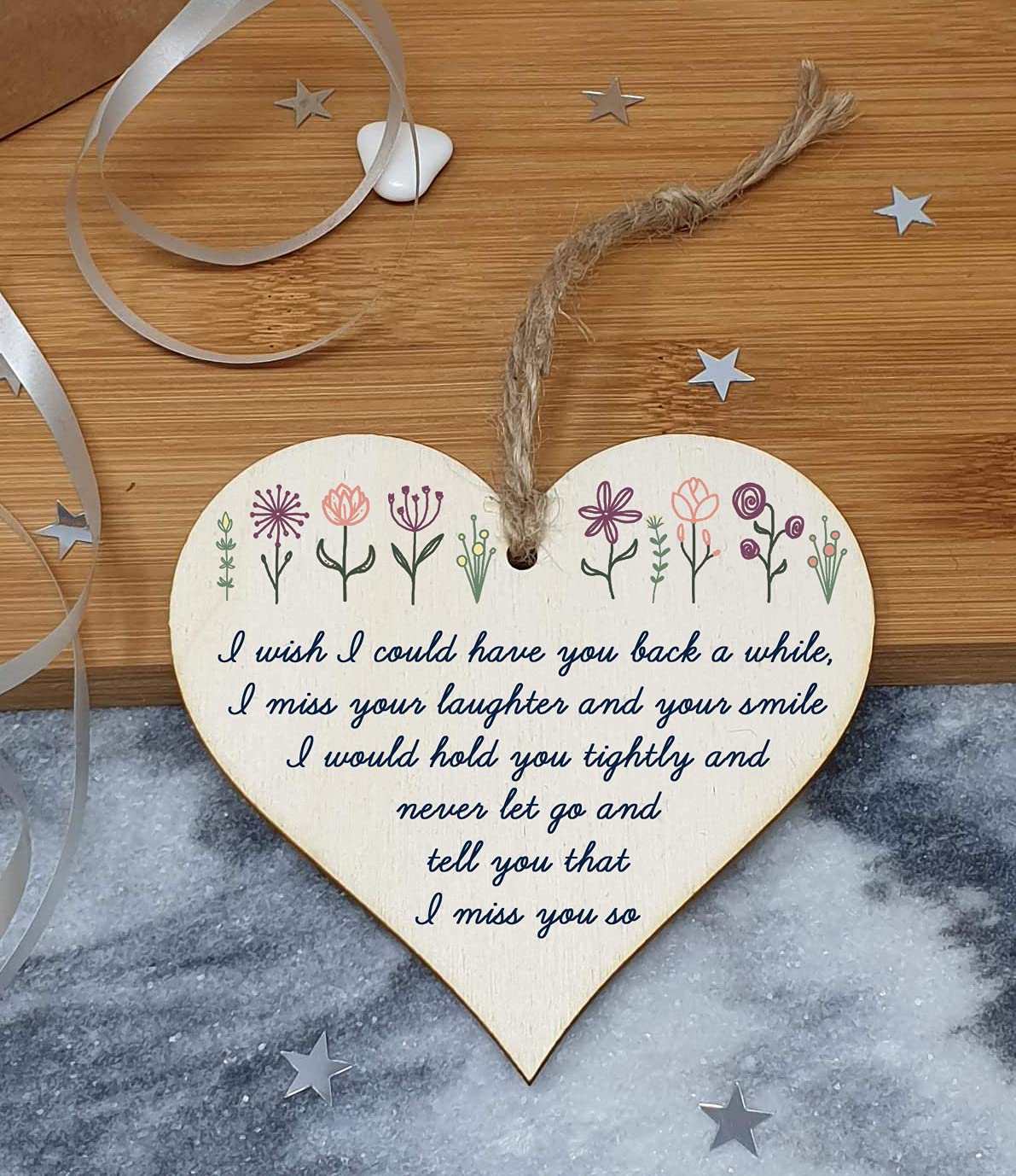 The Plum Penguin Handmade Wooden Hanging Heart Plaque Gift Miss Your Laughter Smile Hold Tight Bereavement In Memory Keepsake Wall Hanger