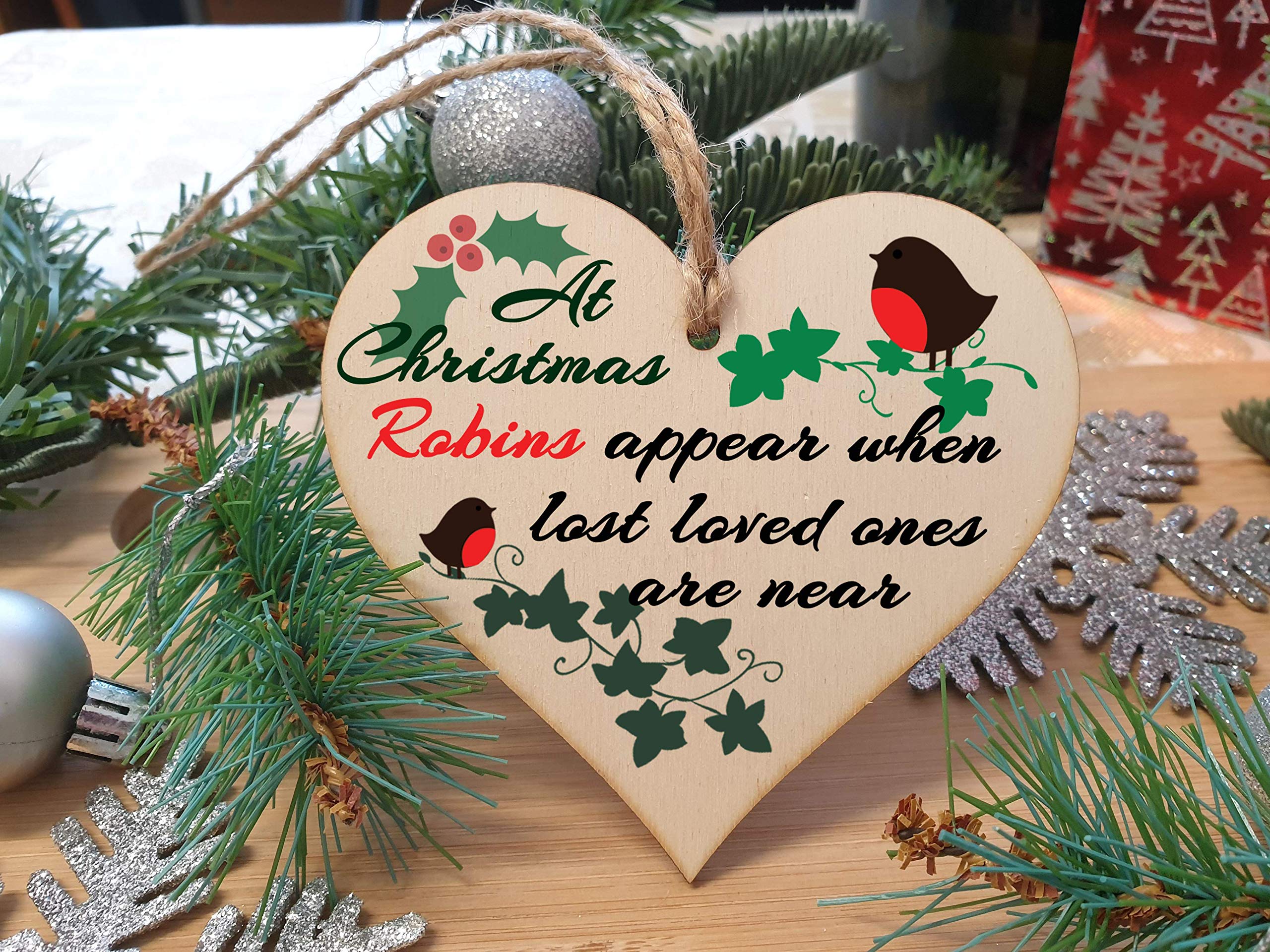 The Plum Penguin Handmade Wooden Christmas Hanging Heart Plaque Gift Robins appear when loved ones are near sentimental gift of rememberance