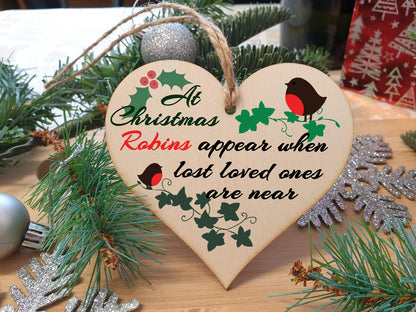 The Plum Penguin Handmade Wooden Christmas Hanging Heart Plaque Gift Robins appear when loved ones are near sentimental gift of rememberance