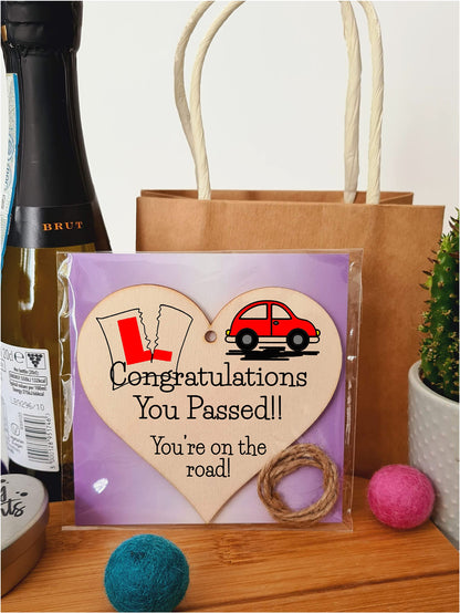 Handmade Wooden Hanging Heart Plaque Gift to Congratulate New Drivers Passed Driving Test Celebrate