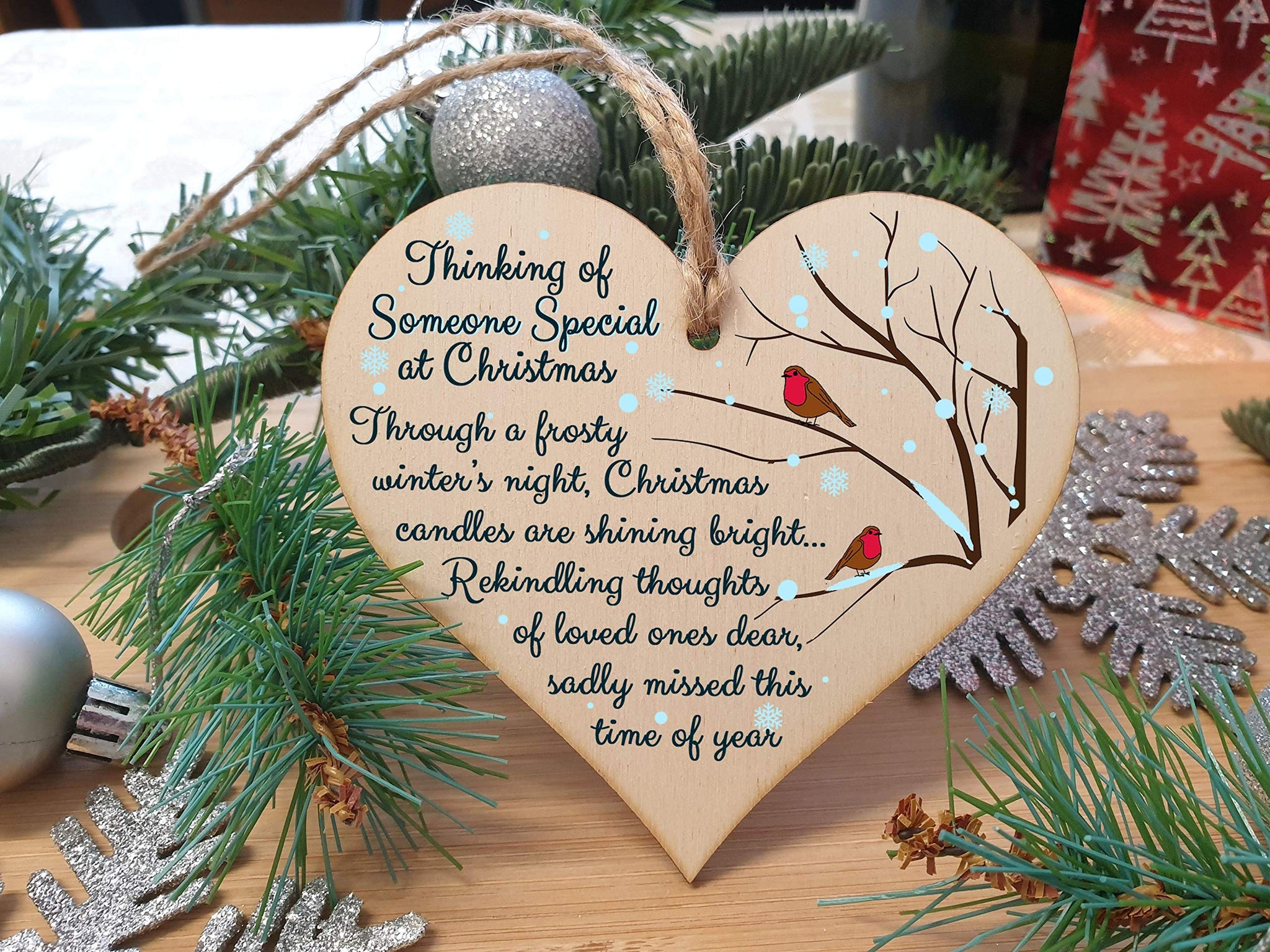 The Plum Penguin Handmade Wooden Christmas Hanging Heart Plaque Gift Thing of someone special sentimental missing you rememberance lost loved ones tree decoration