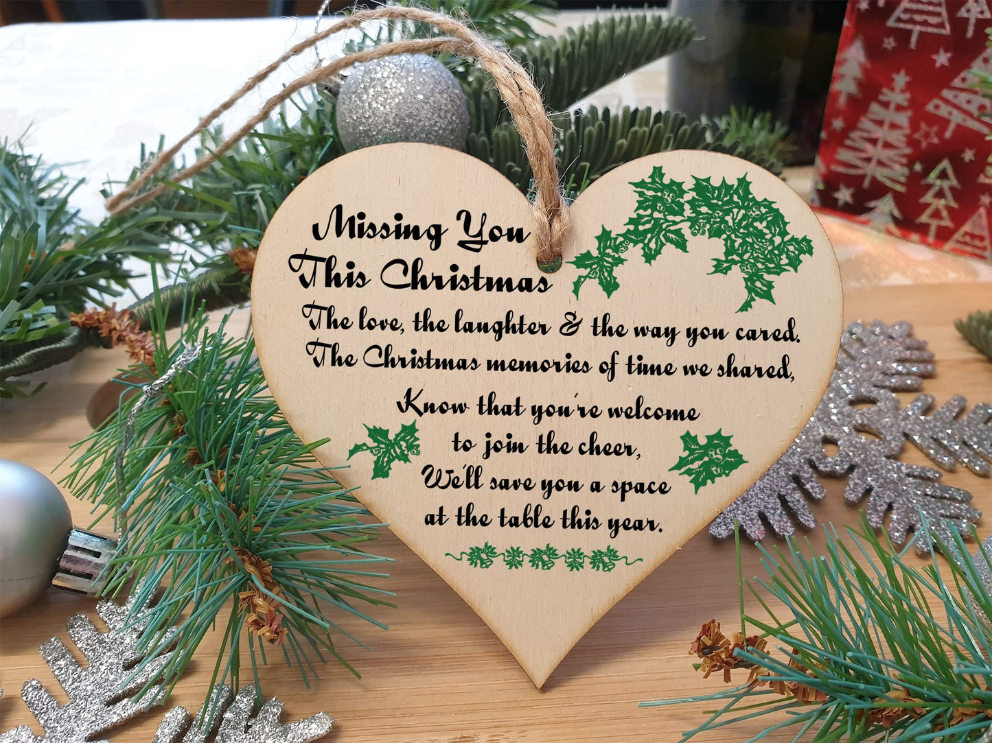 Handmade Wooden Hanging Heart Plaque Gift to Remember Lost Loved Ones at Christmas