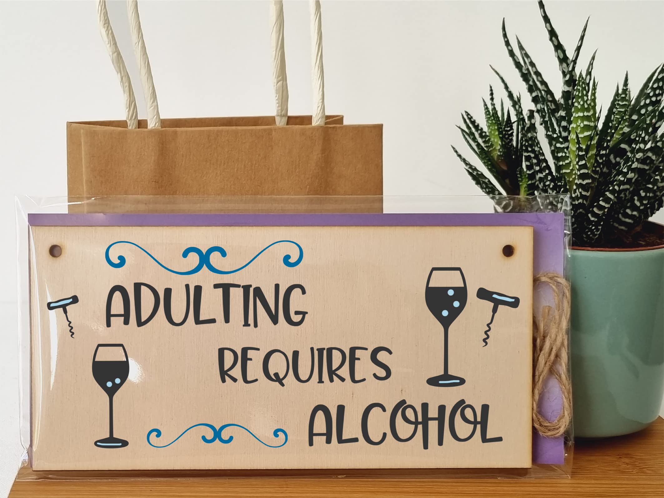 The Plum Penguin Handmade Wooden Hanging Wall Plaque Adulting Requires Alcohol Funny Novelty Sign Home Bar Friendship Gift