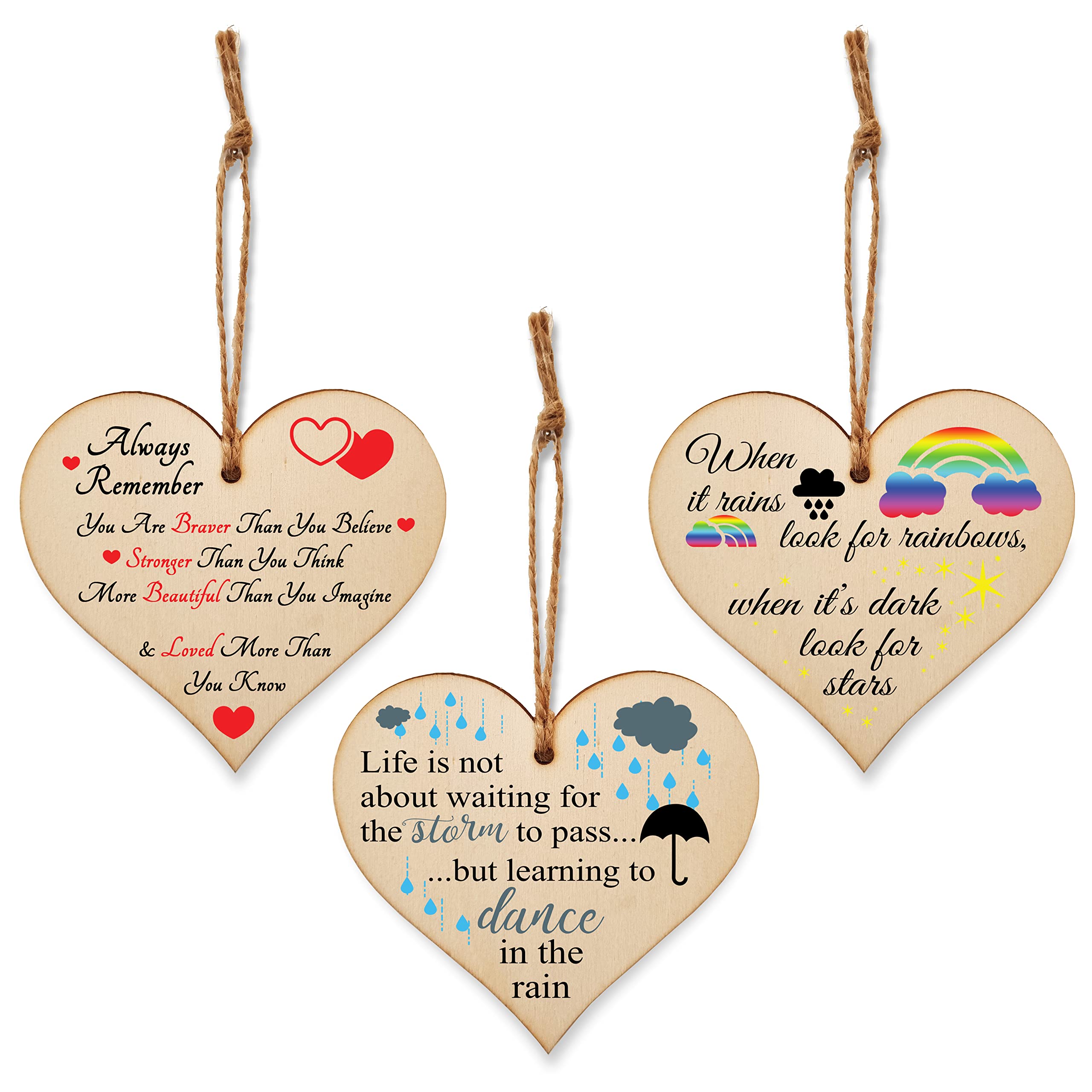 The Plum Penguin Set of 3 Hanging Decorations Wooden Hearts Inspirational Gift or Pick Me Up Vibes | Always Remember You Are | Rainbows After Storm