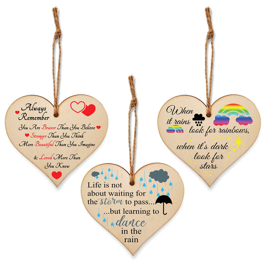 The Plum Penguin Set of 3 Hanging Decorations Wooden Hearts Inspirational Gift or Pick Me Up Vibes | Always Remember You Are | Rainbows After Storm