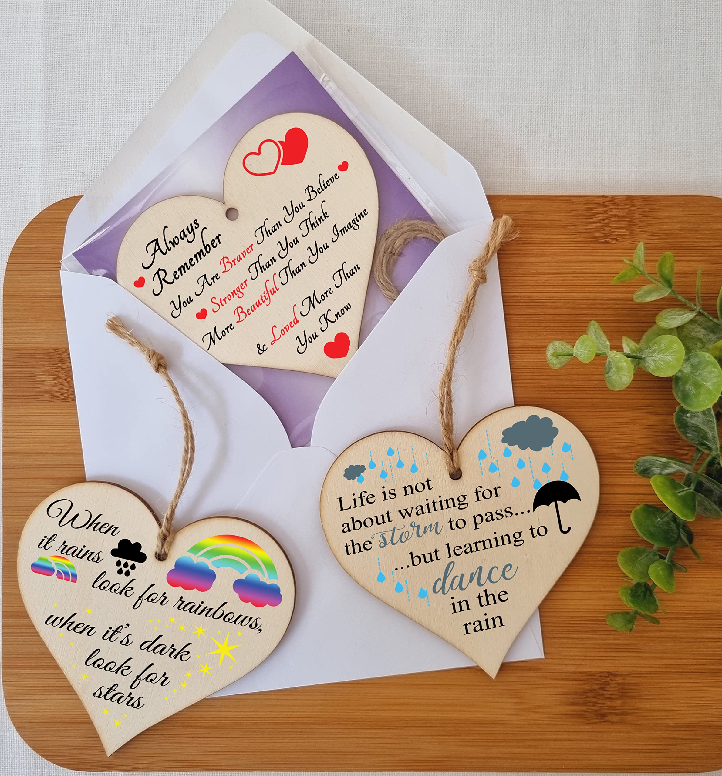 The Plum Penguin Set of 3 Hanging Decorations Wooden Hearts Inspirational Gift or Pick Me Up Vibes | Always Remember You Are | Rainbows After Storm
