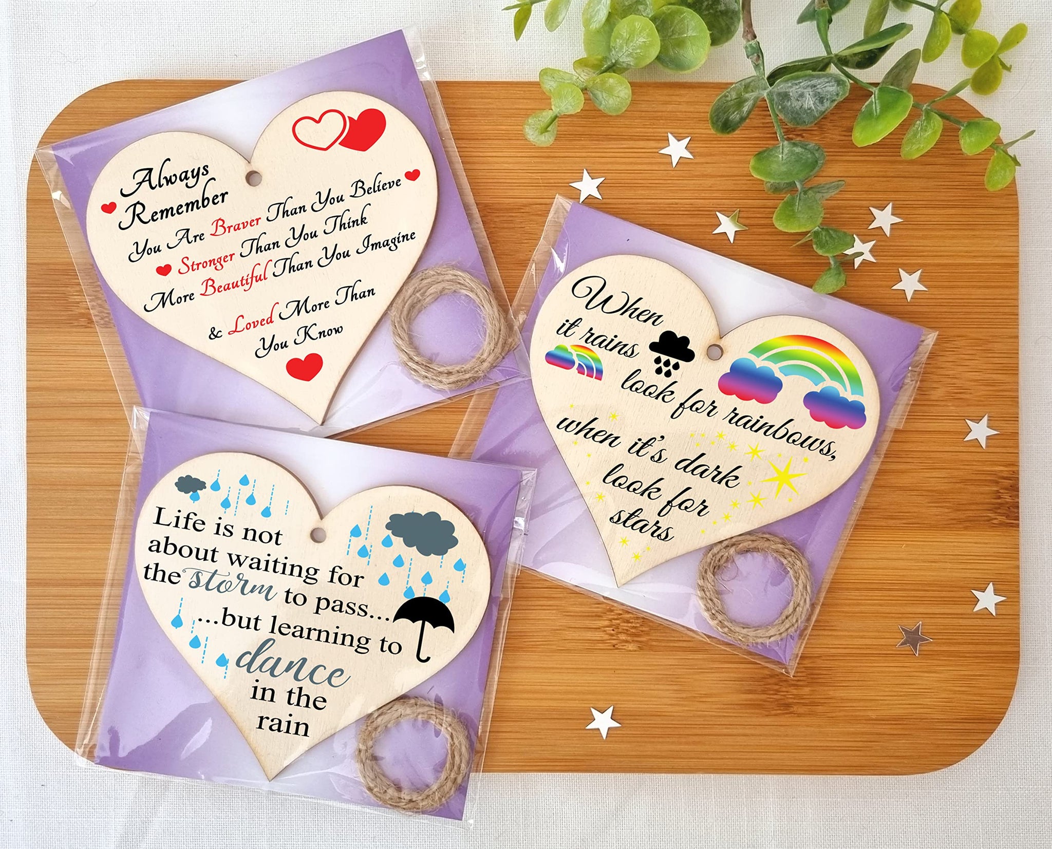 The Plum Penguin Set of 3 Hanging Decorations Wooden Hearts Inspirational Gift or Pick Me Up Vibes | Always Remember You Are | Rainbows After Storm