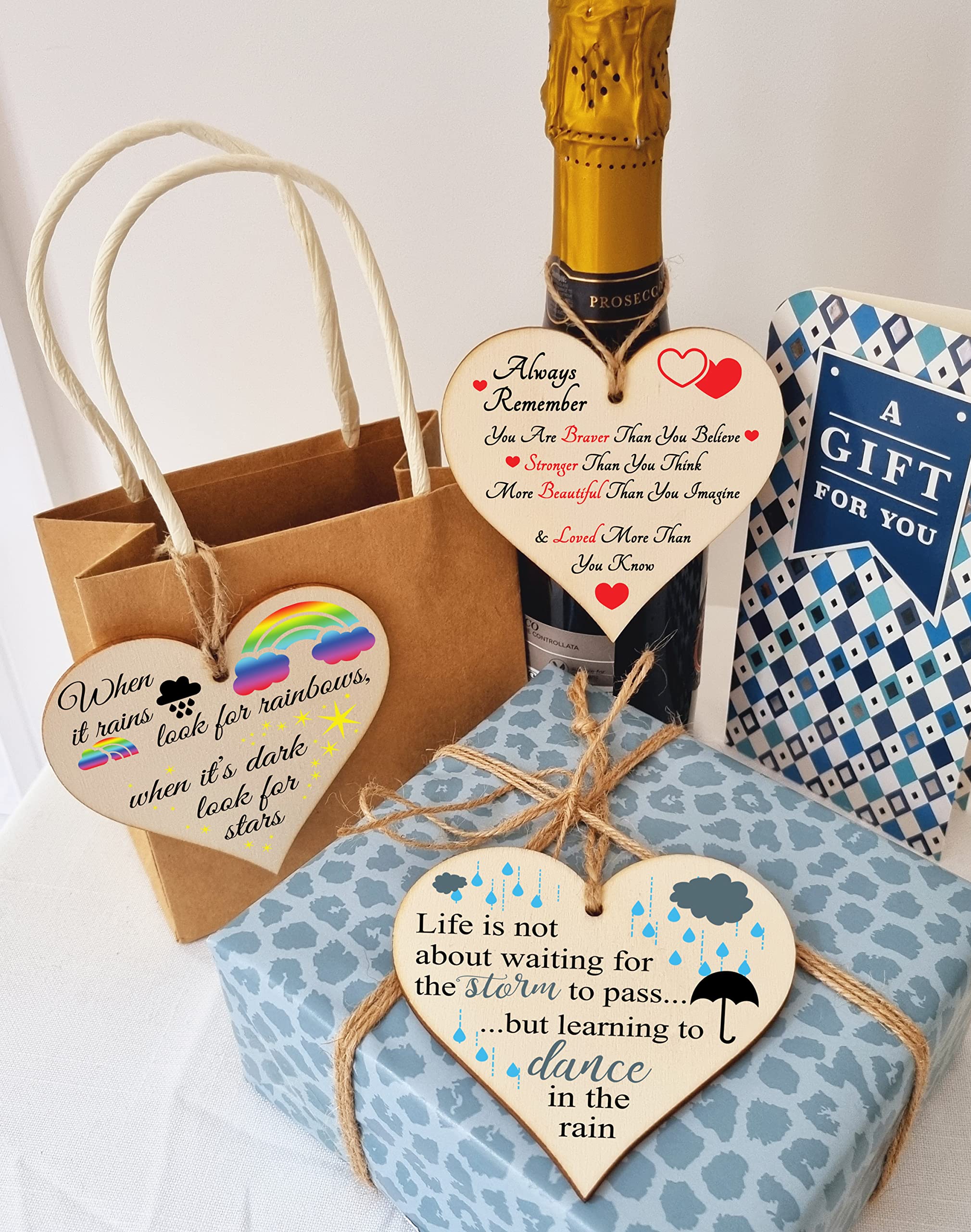 The Plum Penguin Set of 3 Hanging Decorations Wooden Hearts Inspirational Gift or Pick Me Up Vibes | Always Remember You Are | Rainbows After Storm