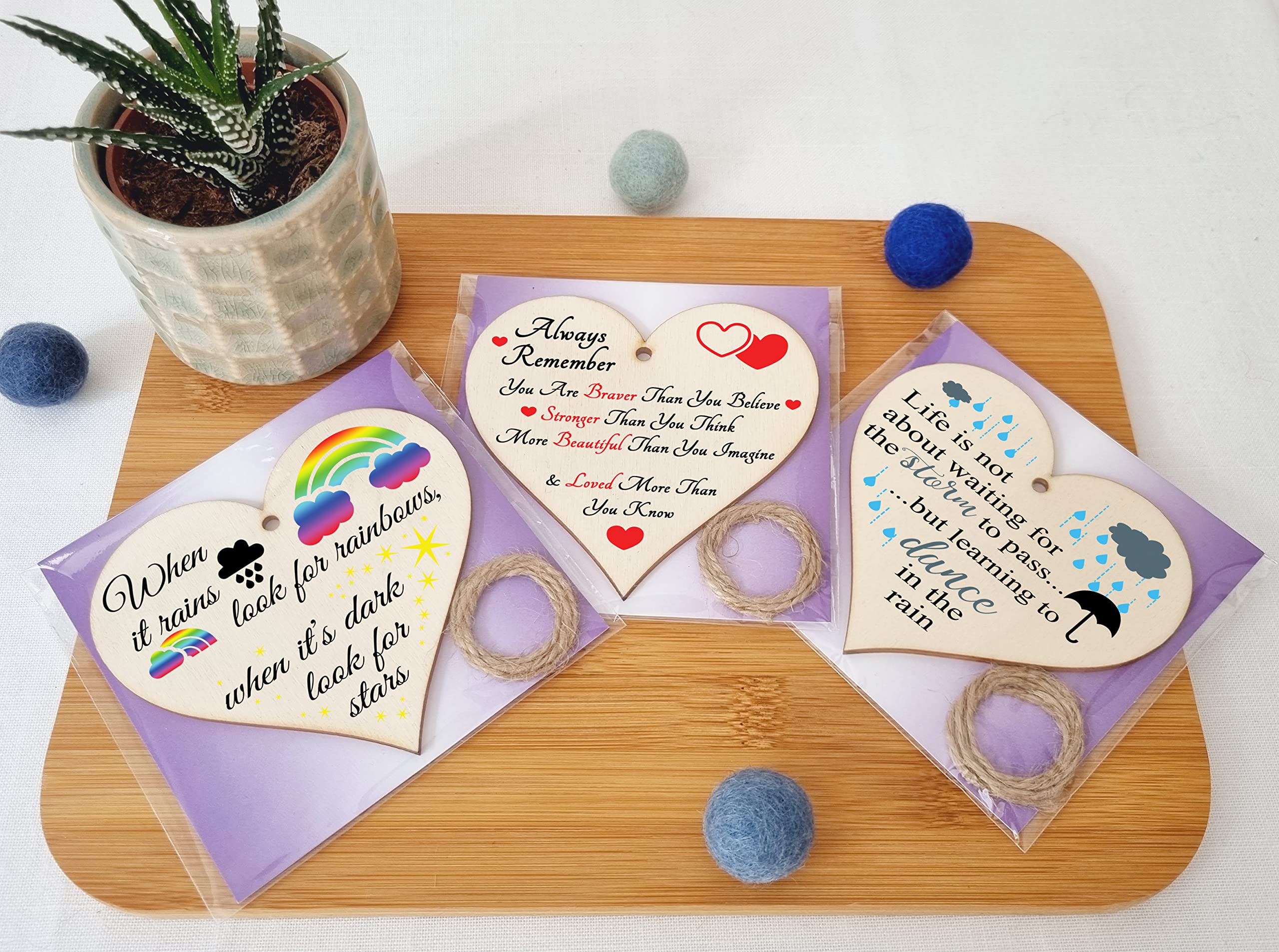 The Plum Penguin Set of 3 Hanging Decorations Wooden Hearts Inspirational Gift or Pick Me Up Vibes | Always Remember You Are | Rainbows After Storm