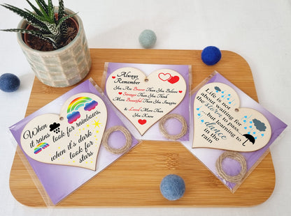 The Plum Penguin Set of 3 Hanging Decorations Wooden Hearts Inspirational Gift or Pick Me Up Vibes | Always Remember You Are | Rainbows After Storm