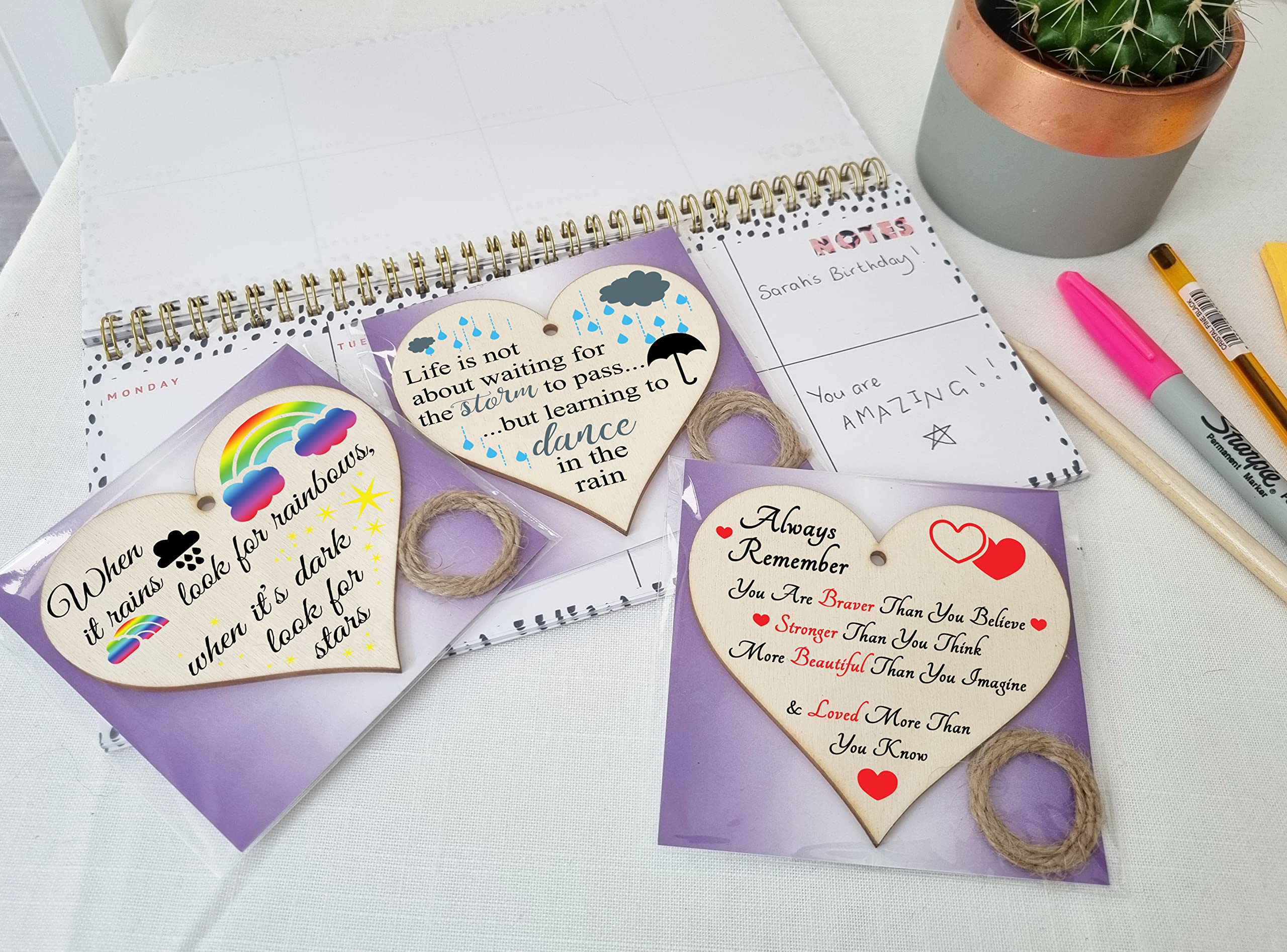 The Plum Penguin Set of 3 Hanging Decorations Wooden Hearts Inspirational Gift or Pick Me Up Vibes | Always Remember You Are | Rainbows After Storm