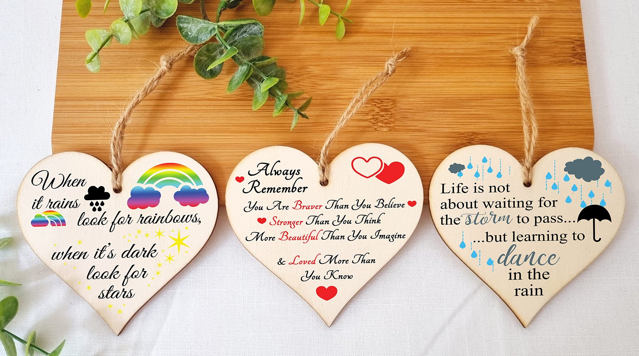 The Plum Penguin Set of 3 Hanging Decorations Wooden Hearts Inspirational Gift or Pick Me Up Vibes | Always Remember You Are | Rainbows After Storm