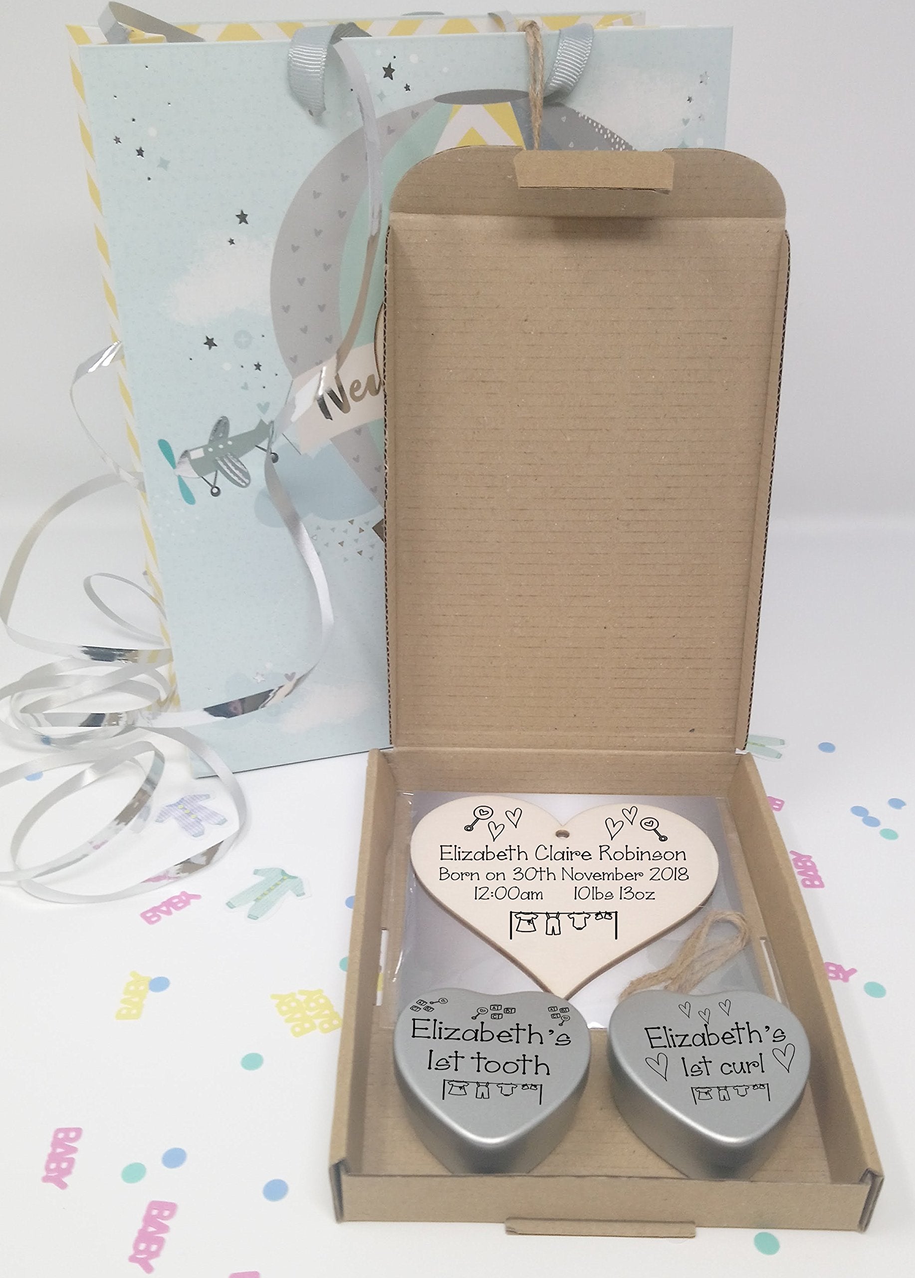 Gift In Can Personalised New Baby Gift Mini Heart Shaped Tins and Wooden Heart Shaped Plaque Gift Box Baby 1st Curl Tooth Birth Details for New Parents Newborn Keepsake (Contemporary Dotty)