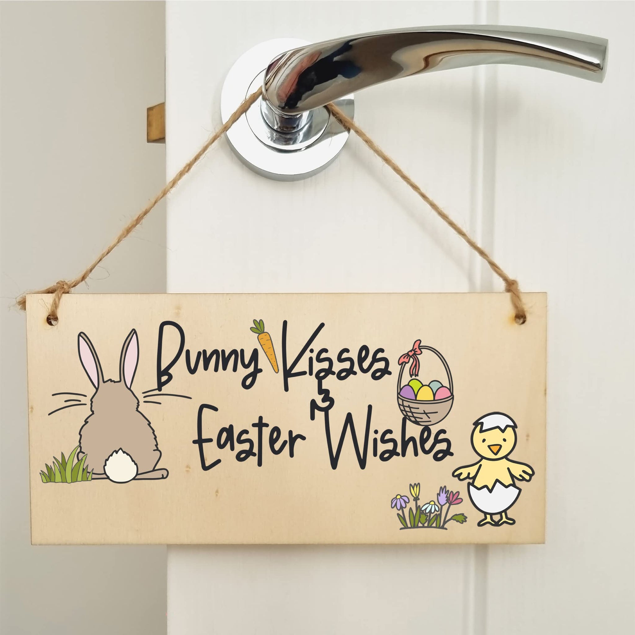 The Plum Penguin Handmade Wooden Hanging Wall Plaque Bunny Kisses Easter Wishes Cute Fun Easter Sign Garden Kitchen Decoration