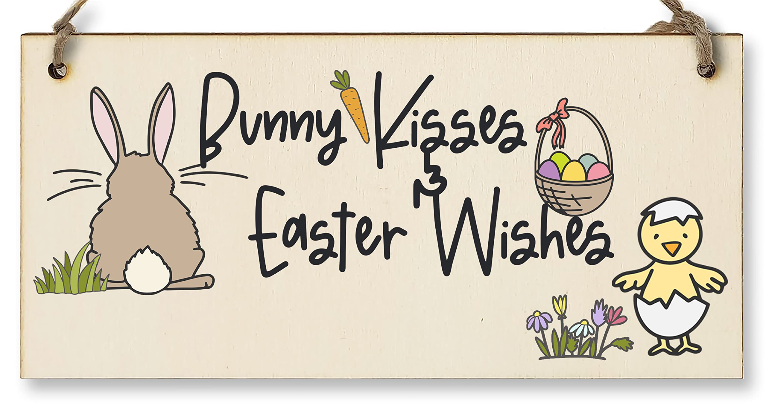 The Plum Penguin Handmade Wooden Hanging Wall Plaque Bunny Kisses Easter Wishes Cute Fun Easter Sign Garden Kitchen Decoration