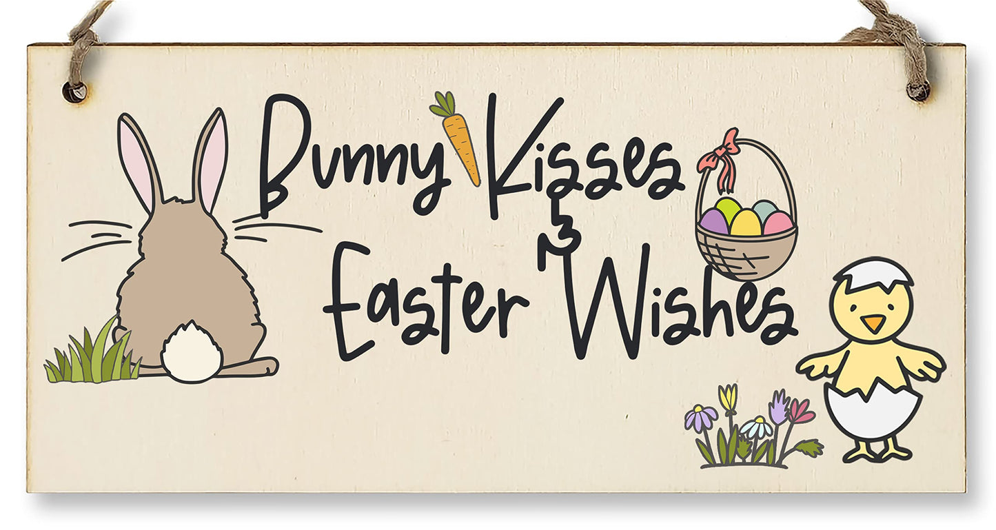 The Plum Penguin Handmade Wooden Hanging Wall Plaque Bunny Kisses Easter Wishes Cute Fun Easter Sign Garden Kitchen Decoration
