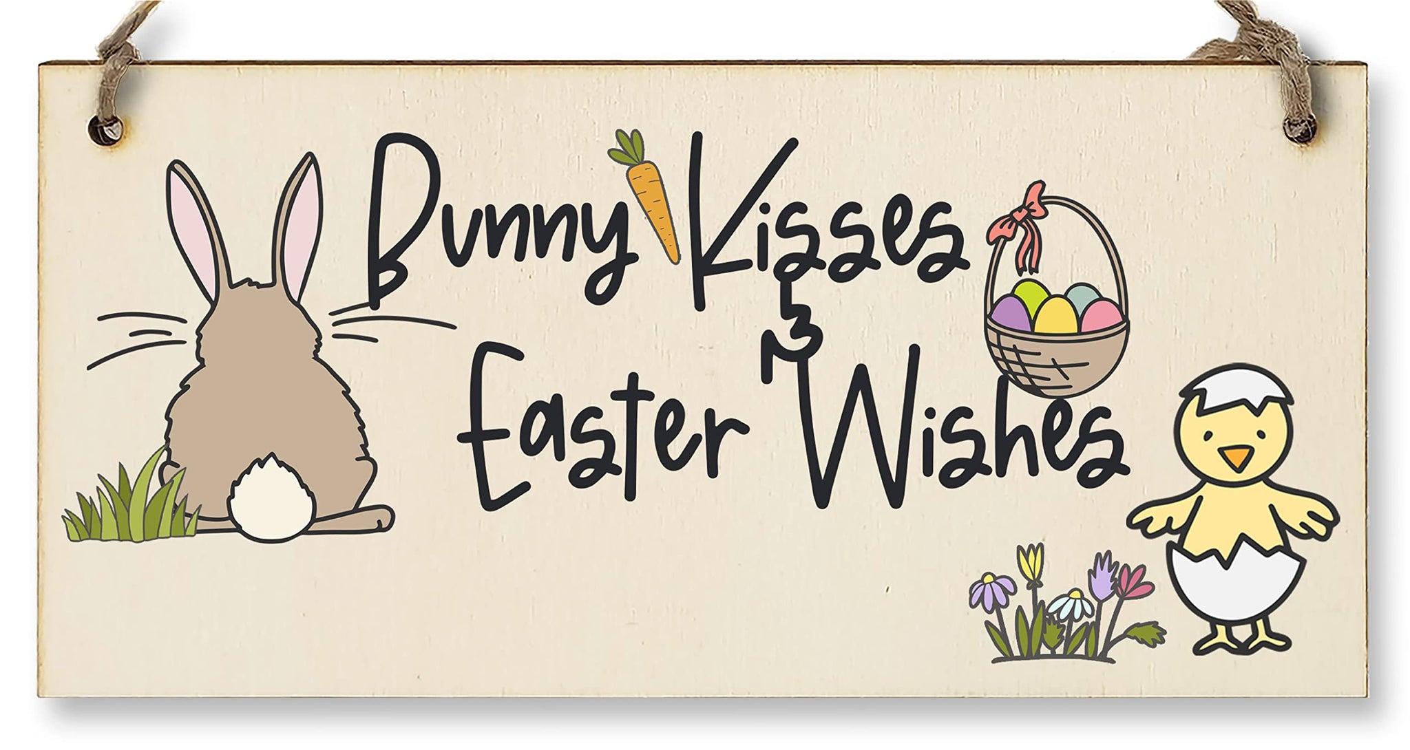 The Plum Penguin Handmade Wooden Hanging Wall Plaque Bunny Kisses Easter Wishes Cute Fun Easter Sign Garden Kitchen Decoration