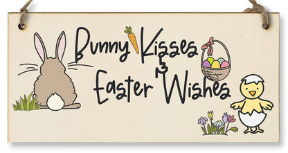 The Plum Penguin Handmade Wooden Hanging Wall Plaque Bunny Kisses Easter Wishes Cute Fun Easter Sign Garden Kitchen Decoration