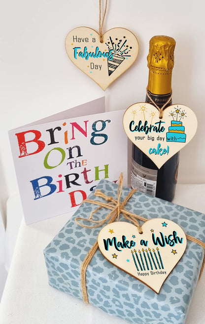 Set of 3 Hanging Decorations Wooden Hearts Happy Birthday Card Alternative | Celebrate in Style | Make a Wish | Have a Fabulous Day