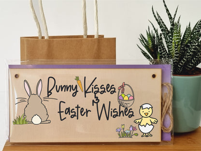 The Plum Penguin Handmade Wooden Hanging Wall Plaque Bunny Kisses Easter Wishes Cute Fun Easter Sign Garden Kitchen Decoration