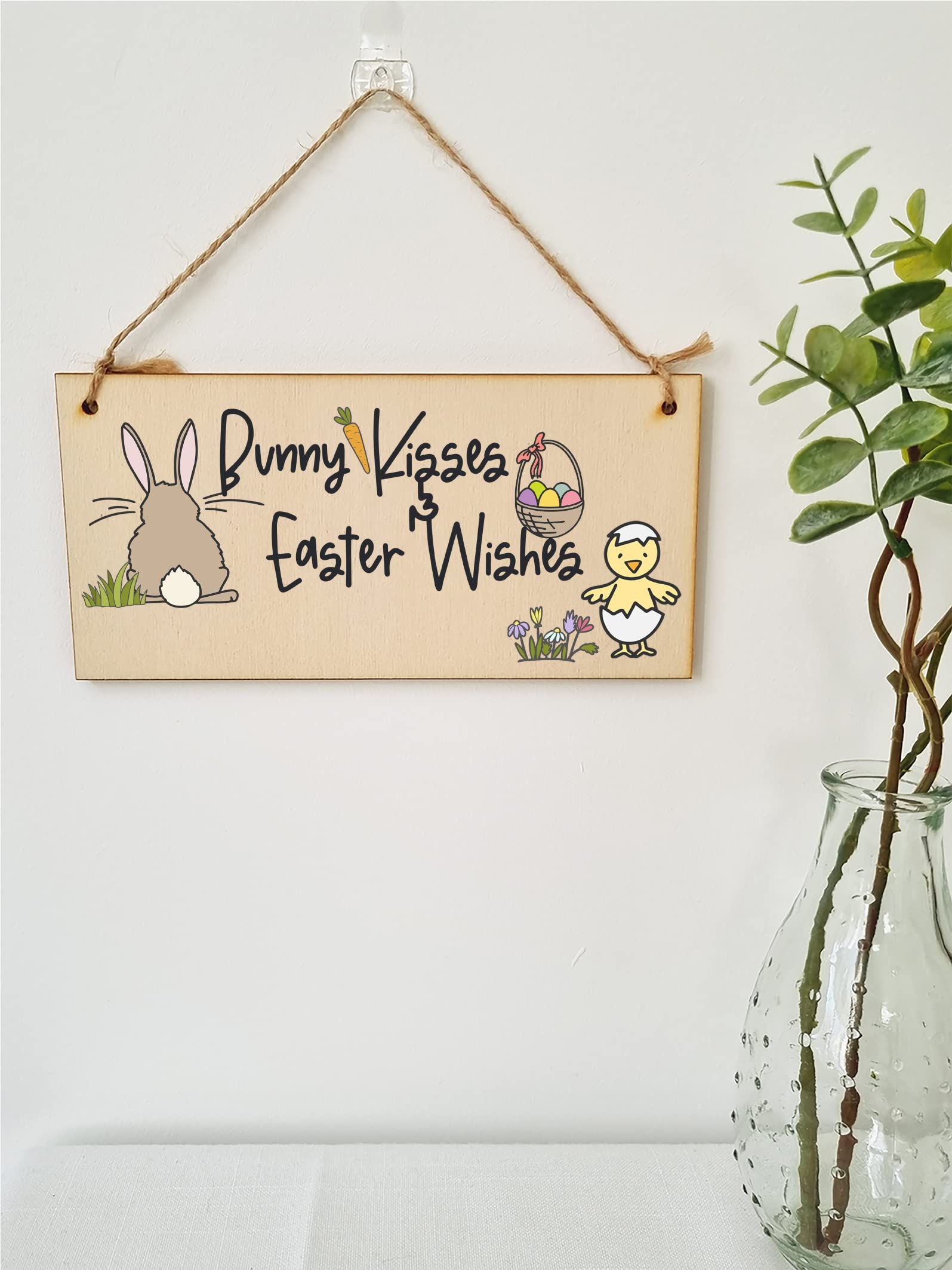 The Plum Penguin Handmade Wooden Hanging Wall Plaque Bunny Kisses Easter Wishes Cute Fun Easter Sign Garden Kitchen Decoration