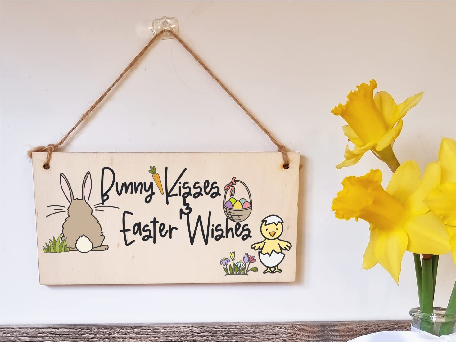 The Plum Penguin Handmade Wooden Hanging Wall Plaque Bunny Kisses Easter Wishes Cute Fun Easter Sign Garden Kitchen Decoration