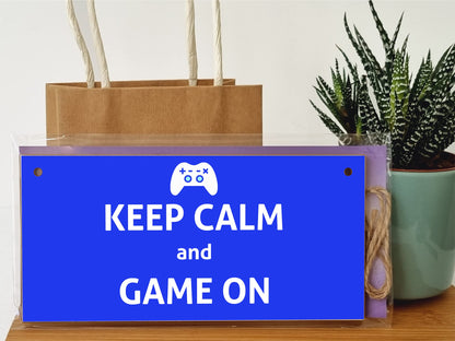 The Plum Penguin Handmade Wooden Hanging Wall Plaque Keep Calm and Game On Novelty Gift Gamers Computer Game Fans Man Cave Sign