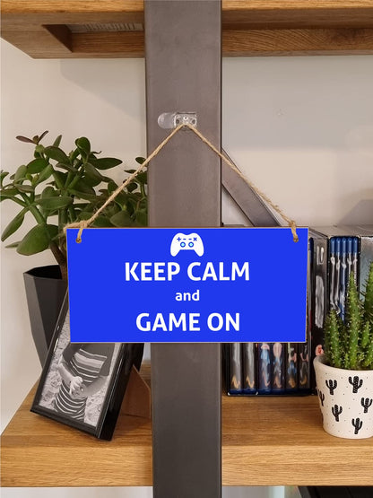 The Plum Penguin Handmade Wooden Hanging Wall Plaque Keep Calm and Game On Novelty Gift Gamers Computer Game Fans Man Cave Sign
