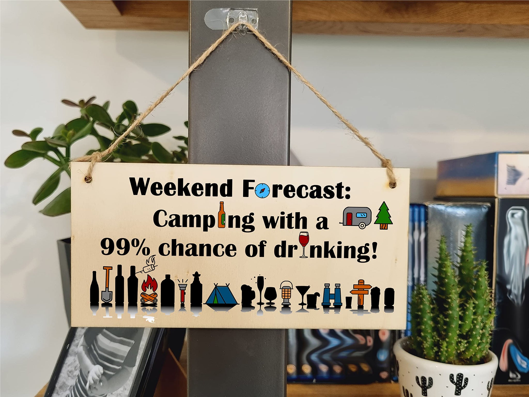 The Plum Penguin Handmade Wooden Hanging Wall Plaque Weekend Forecast Camping Drinking Funny Adventure Sign Wine Beer Gin Lovers