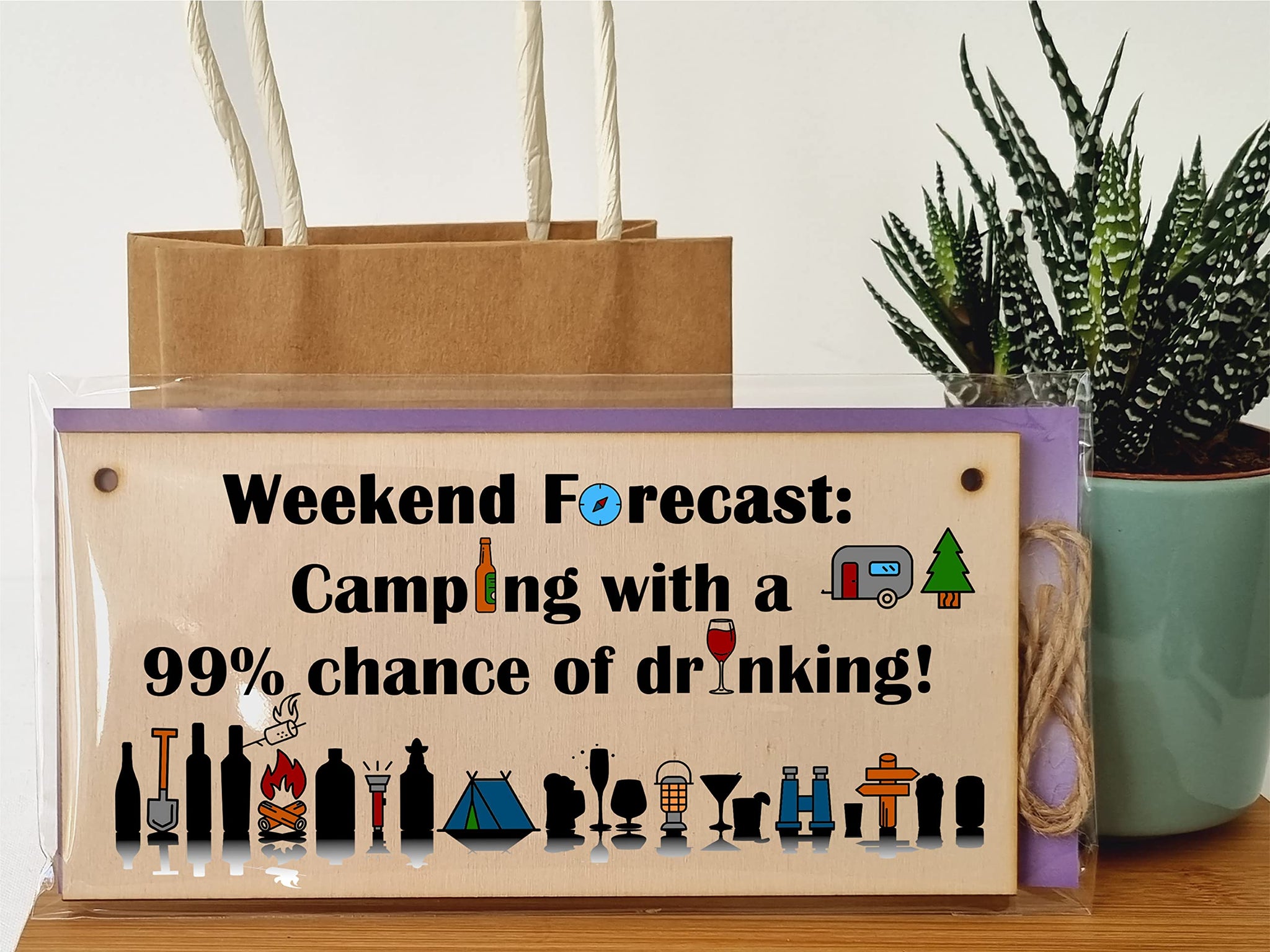 The Plum Penguin Handmade Wooden Hanging Wall Plaque Weekend Forecast Camping Drinking Funny Adventure Sign Wine Beer Gin Lovers