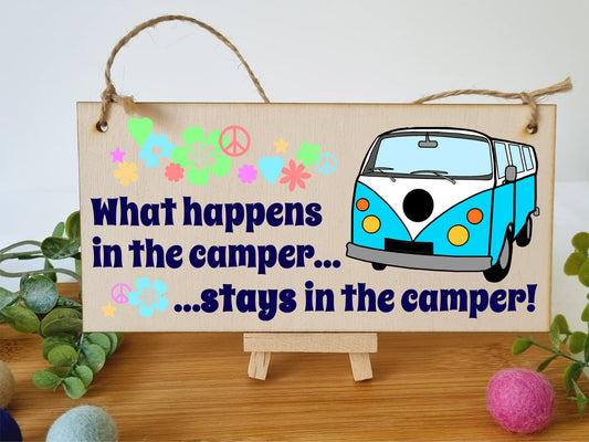 Handmade Wooden Hanging Wall Plaque What Happens in the Camper Fun Retro Camping Adventure Sign