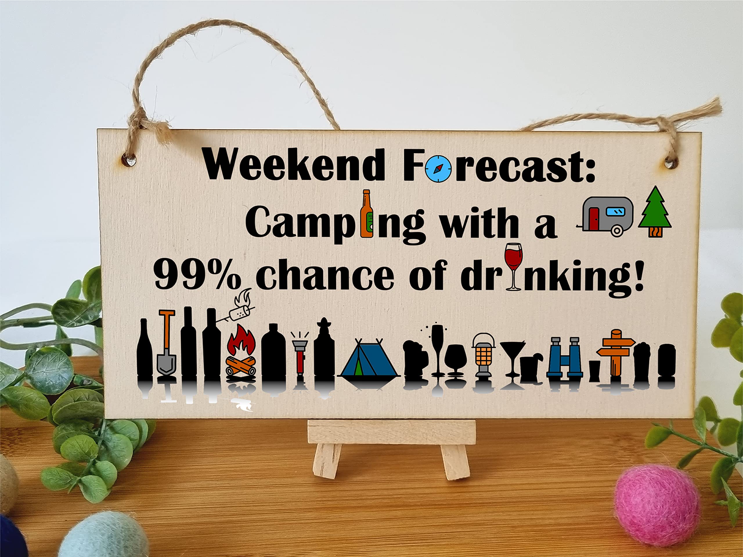 The Plum Penguin Handmade Wooden Hanging Wall Plaque Weekend Forecast Camping Drinking Funny Adventure Sign Wine Beer Gin Lovers