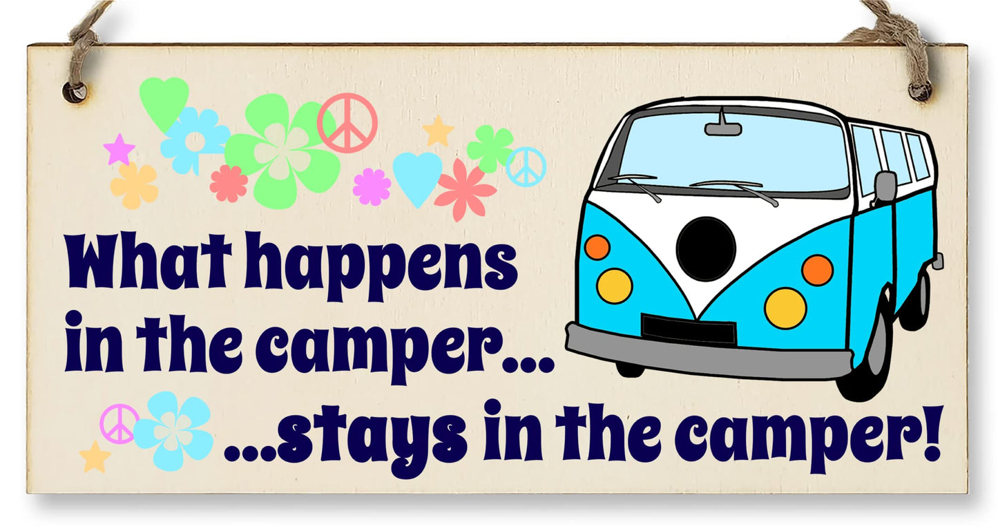 Handmade Wooden Hanging Wall Plaque What Happens in the Camper Fun Retro Camping Adventure Sign
