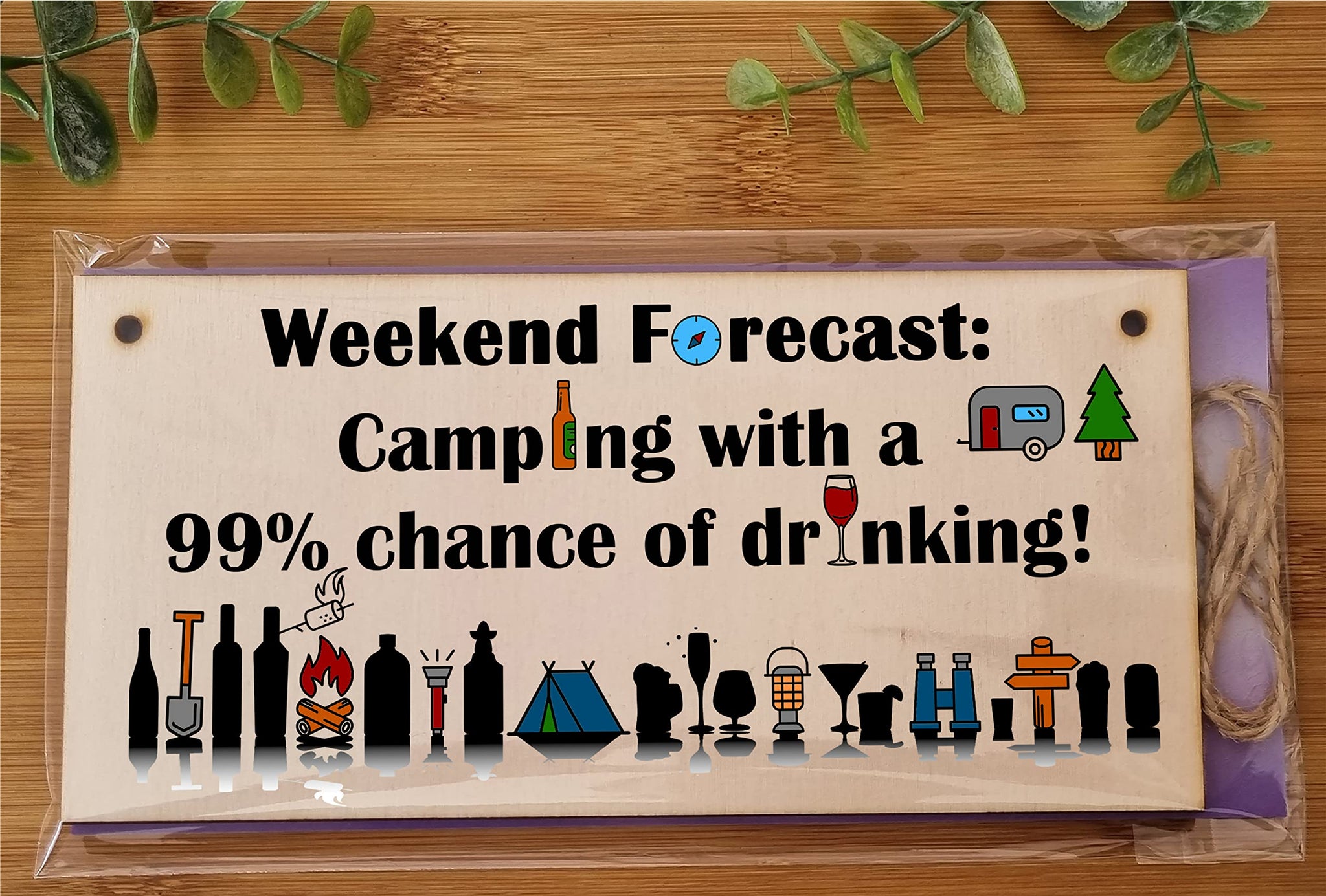 The Plum Penguin Handmade Wooden Hanging Wall Plaque Weekend Forecast Camping Drinking Funny Adventure Sign Wine Beer Gin Lovers