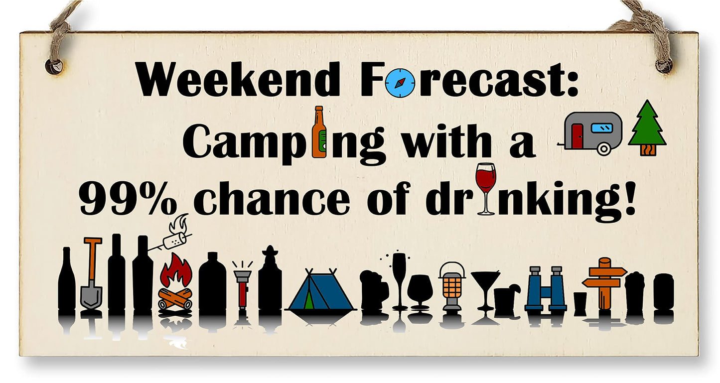 The Plum Penguin Handmade Wooden Hanging Wall Plaque Weekend Forecast Camping Drinking Funny Adventure Sign Wine Beer Gin Lovers