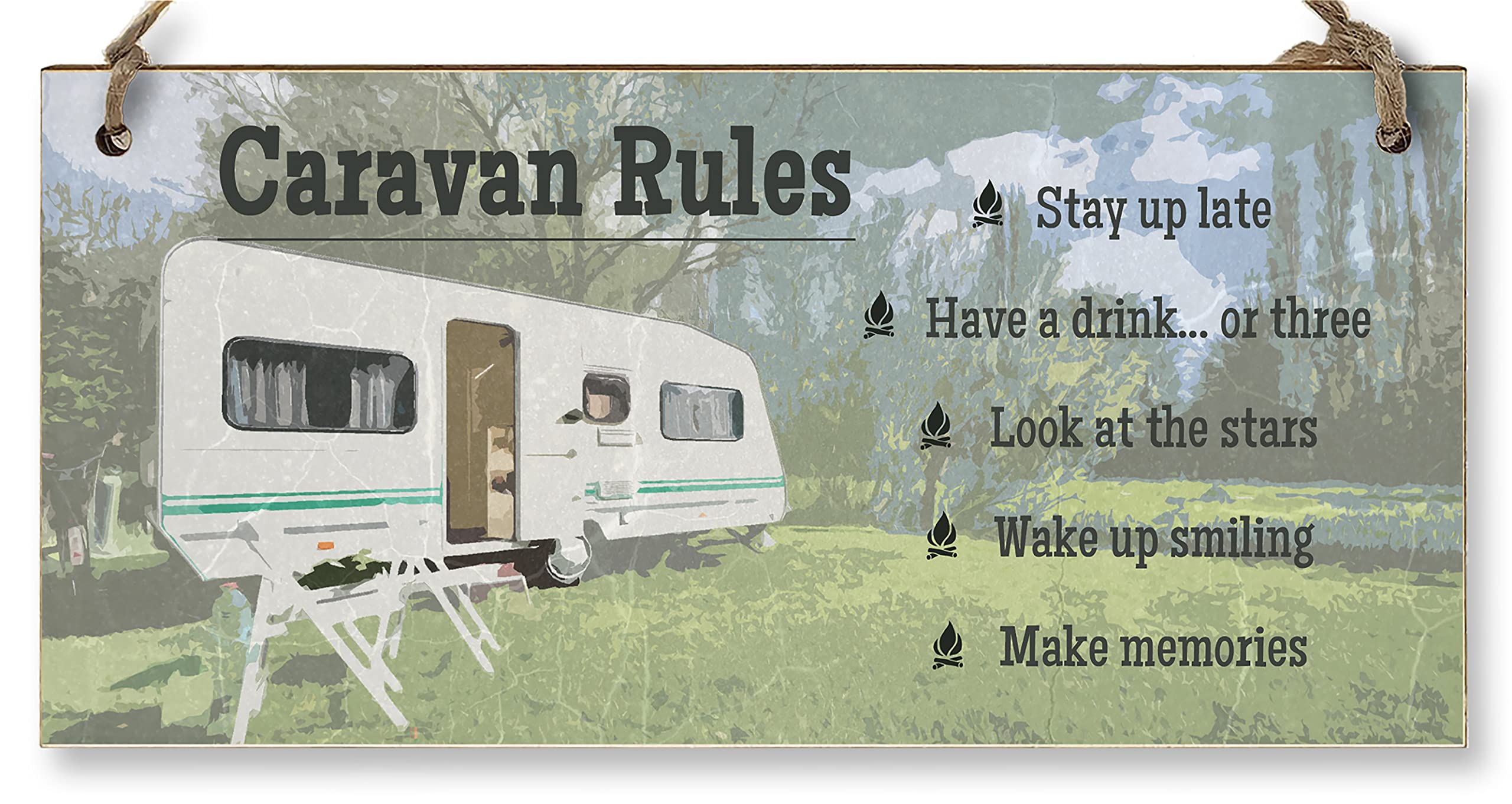 The Plum Penguin Handmade Wooden Hanging Wall Plaque Caravan Rules Stay Up Late Have a Drink Make Memories Fun Camping Adventure Sign