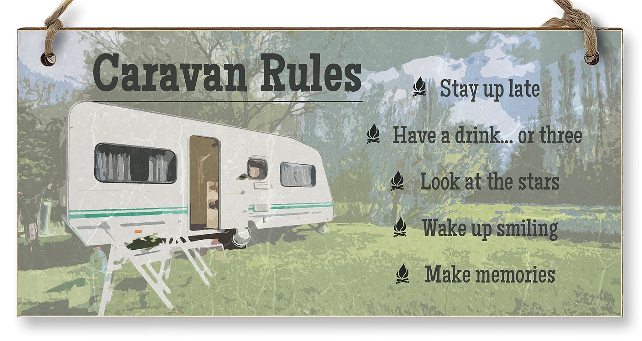 The Plum Penguin Handmade Wooden Hanging Wall Plaque Caravan Rules Stay Up Late Have a Drink Make Memories Fun Camping Adventure Sign